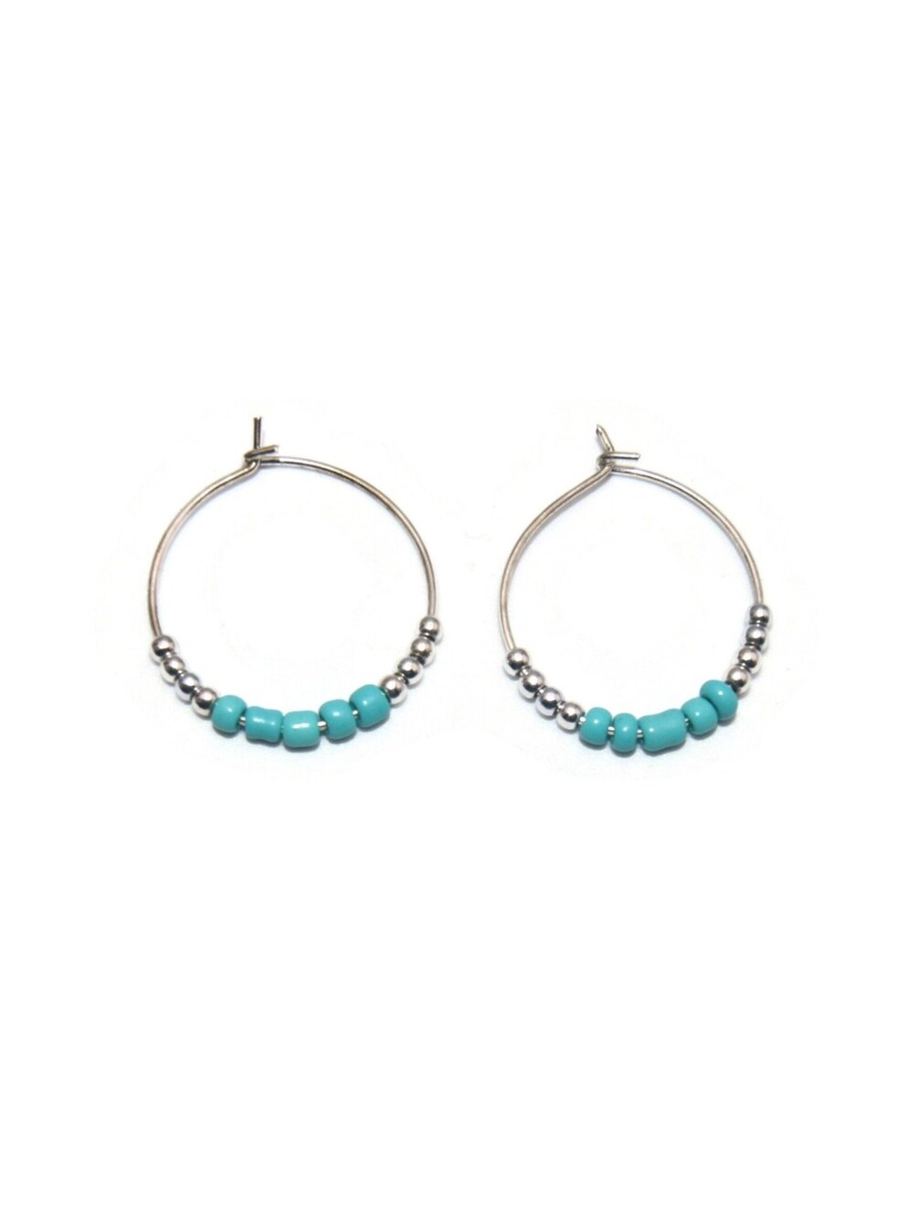 Vintage Silver Tone and Turquoise Beads on Wire Hoop Earrings.